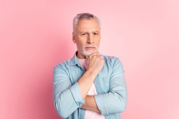 Photo,Of,Handsome,Aged,Man,Focused,Arm,Touch,Chin,Minded grey haired man pondering his future